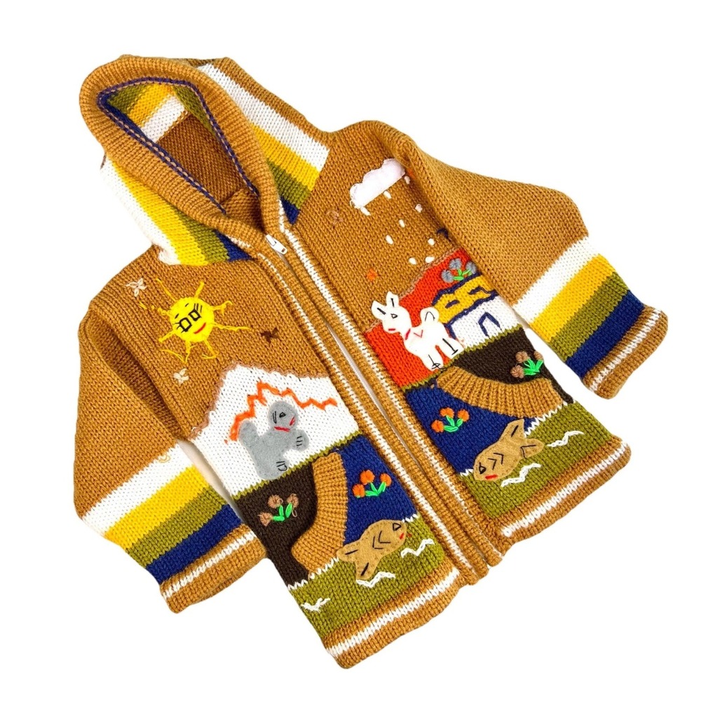 Handknit‎ Peruvian Sweater Size 2T-3T Brown Hooded Llama Felt Animals Zip Wool